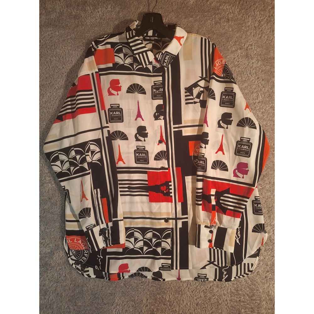 Karl Lagerfeld Paris Graphic Print Button Up Blouse XL Eiffel Tower Art to Wear